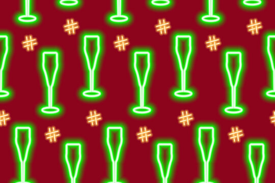 Christmas seamless pattern of neon wineglasses with hashtag sign in trendy shades. Happy New Year