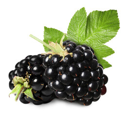 Tasty ripe blackberries and green leaves isolated on white