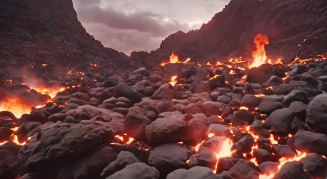 Volcanic lava evaporates steam upwards from rocks