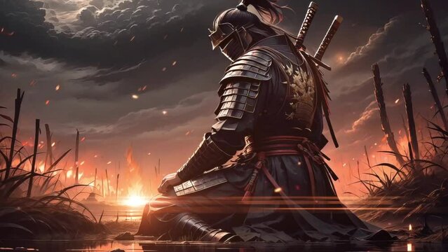 Samurai warrior wearing full plate armor. Kneel on battlefield ground. Background of burning battlefield. Ancient japan war. Loop animation video