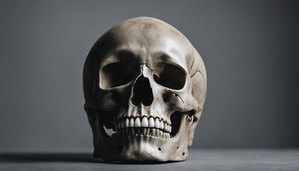 Human skull on gray background. - obrazy, fototapety, plakaty