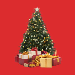 Fototapeta na wymiar Beautiful Christmas tree with many gift boxes under on red background