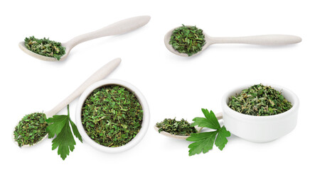 Dried parsley isolated on white, set with top and side views