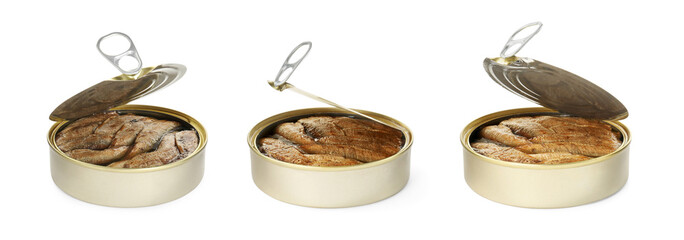 Tasty sprats in tin cans isolated on white, set