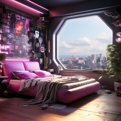 The interior of the apartment of the girl of the future. The concept of youth 2040-2077 - obrazy, fototapety, plakaty