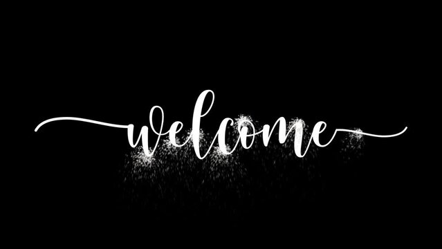 White color animated Welcome text with dust particles effect on black screen background	