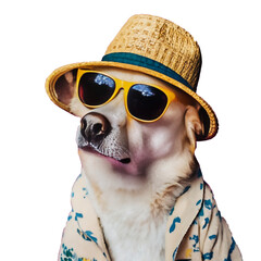 Dog wearing a hat and sunglasses, looking stylish and cool, on transparent background PNG