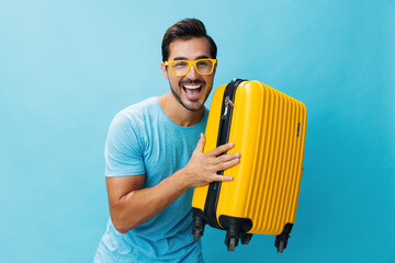 Man background traveler studio flight journey happy travel vacation suitcase baggage trip