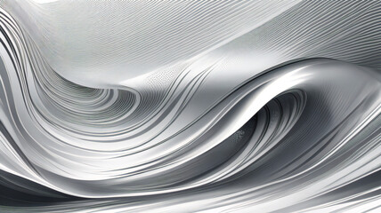 Abstrakcyjna srebrna fala, chromowany baner, platynowa przestrzeń kopiowania, metalowy ruch, szary płyn, biały gradientowy blask, błyszczący materiał, płynny ruch.