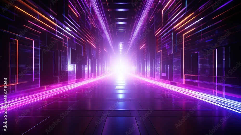 Poster background light neon lights on empty stage. lighting speed effect background
