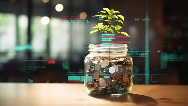 Financial growth. Coins and plant sprout. Some elements are made using images obtained with the help of generative Ai technologies.