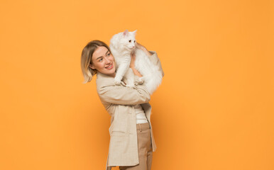 portrait of a white cat with a girl on a yellow background