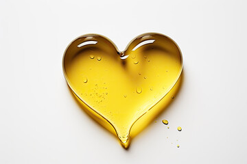 An image of a drop of olive oil shaped like a heart symbol on a white background. - obrazy, fototapety, plakaty