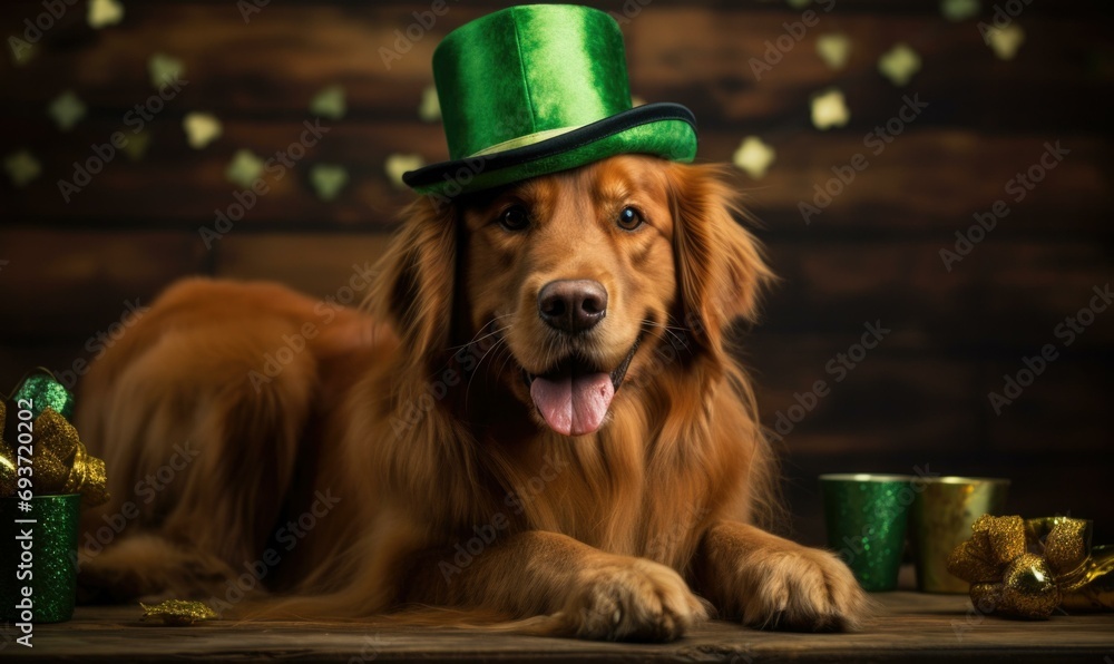 Canvas Prints St Patrick's day: a golden retriever wearing a green hat. Generative AI.