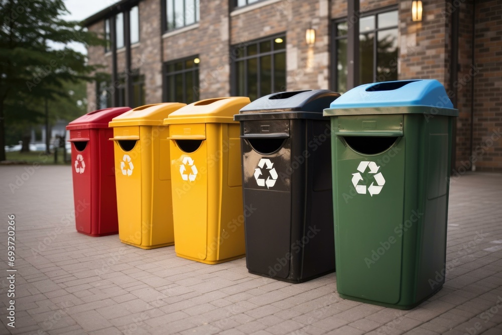 Aufkleber a row of colorful recycling bins in front of a building. generative ai.