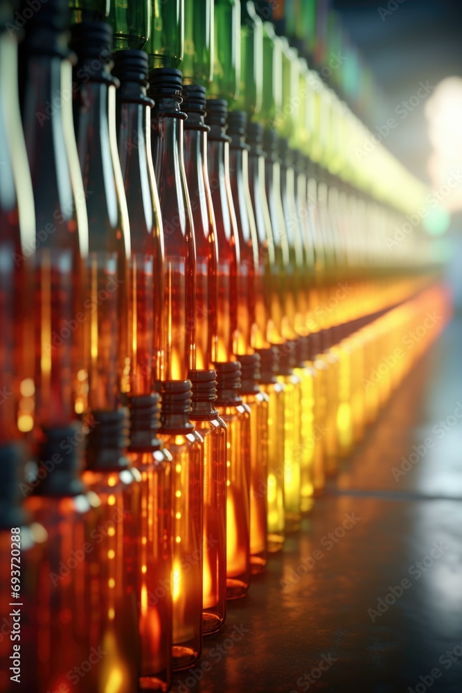 Poster a row of colorful bottles on a shelf. generative ai.