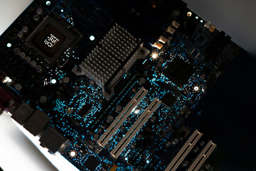 a high technology ai supercomputer, close up transisitor on the pcb board