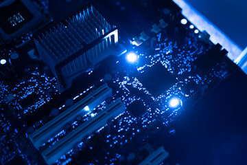 a high technology ai supercomputer, close up transisitor on the pcb board