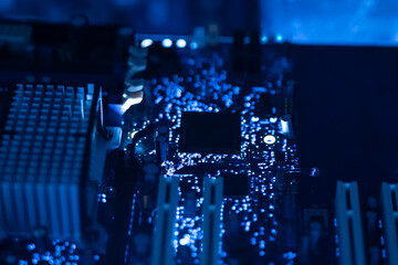a high technology ai supercomputer, close up transisitor on the pcb board