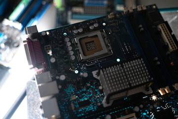 close up modern computer motherboard, digital pc hardware
