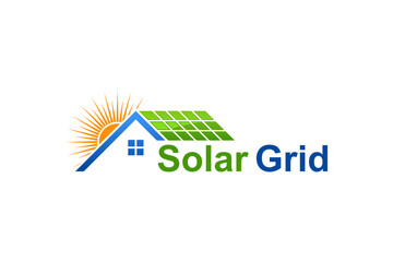 Solar power generation energy on the roof of the house logo design with sunrise icon symbol.
