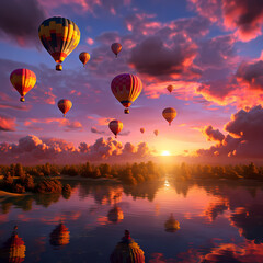 Cluster of hot air balloons drifting against a vivid sunset sky