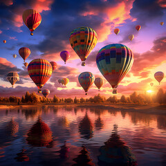 Cluster of hot air balloons drifting against a vivid sunset sky