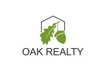 Acorn oak leaf with house shape logo design icon symbol.