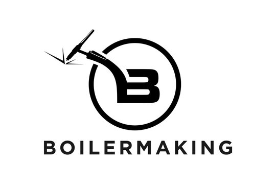 Welding industrial fabrication logo design, with the initial letter B welding handle and burning electrode.