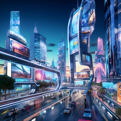 Futuristic city with holographic billboards and sleek architecture