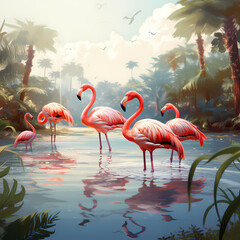 Group of flamingos gracefully wading in a tropical lagoon