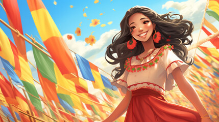 a character of a festive Junina clothing vibes Asian traits, set against a backdrop of cheerful