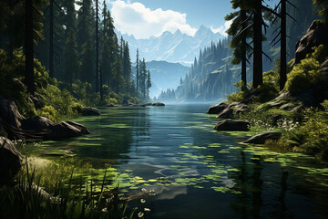 A serene lake surrounded by trees