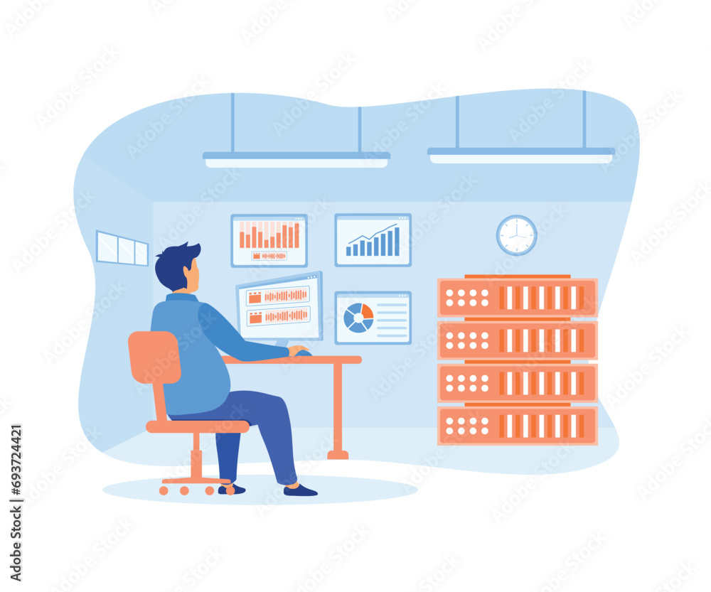 Poster man working in data center room hosting server computer monitoring information database. flat vector