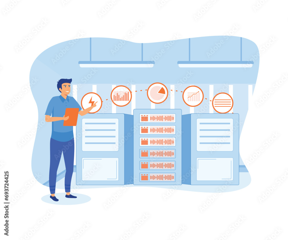 Poster server maintenance with monitoring tools concept. managed server service solution. flat vector moder