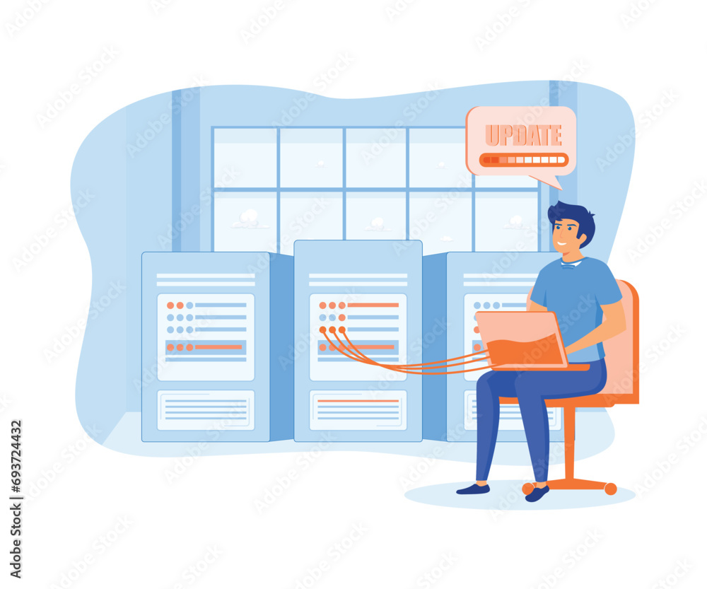 Poster server maintenance concept. man working at server rack hardware room, updates and optimization compu