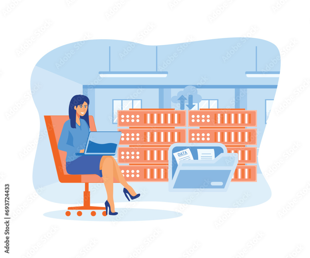 Poster server maintenance concept. woman working as tech engineer and settings cloud computing at server ra