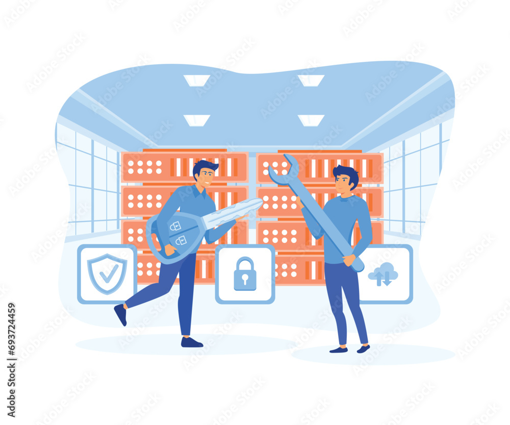 Poster server security concept, showing the server is being maintained by a network administrator.flat vect