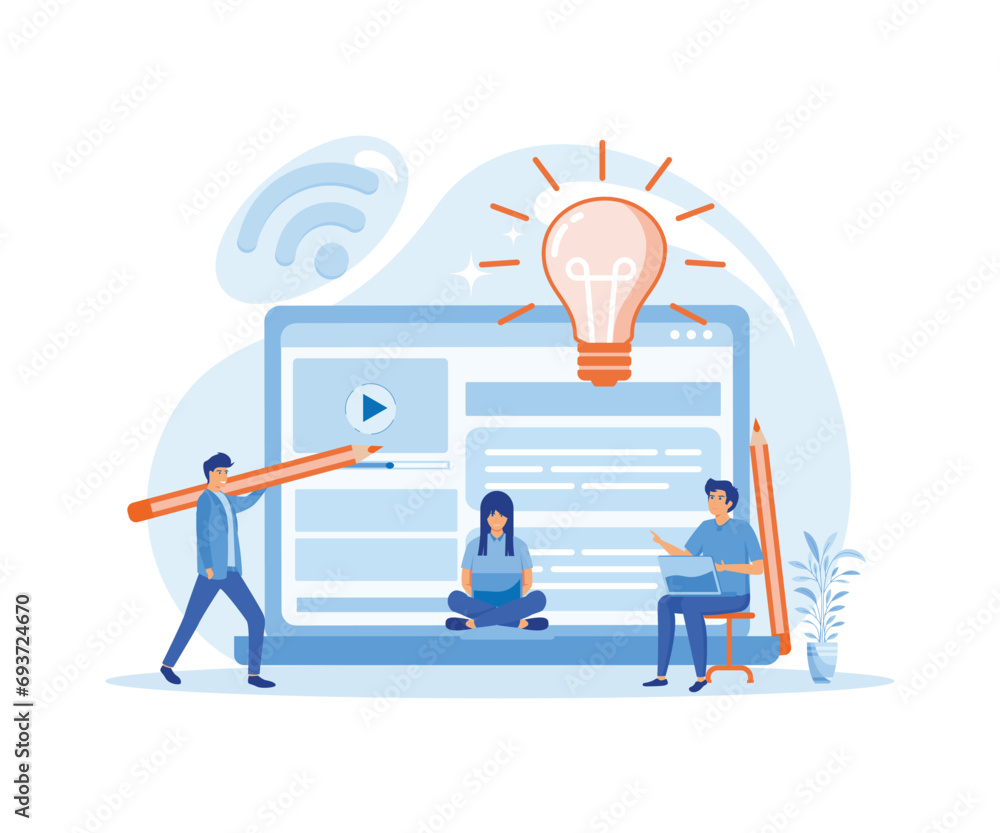 Poster blog writers write articles. freelance writer with laptop creating internet content. flat vector mod