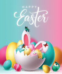 Happy easter greeting vector design. Happy easter text with crack egg shell, colorful eggs and bunny ears decoration elements for kids fun hunt celebration concept. Vector illustration easter greeting
