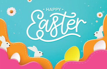 Happy easter text vector template design. Happy easter greeting card with bunny elements and eggs paper cut decoration for easter egg hunt background. Vector illustration easter greeting card.
