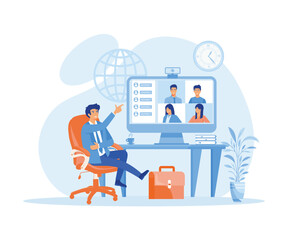 Worker using computer for collective virtual meeting and group video conference. Man at desktop chatting with friends online.  flat vector modern illustration 