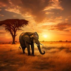 Lone elephant grazing in the golden savannah during sunset