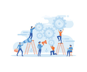 Team of businessmen working with gears or industrial wheels in business or corporate cooperation concept. flat vector modern illustration 