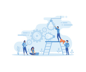 Fototapeta premium Entrepreneurs and teamwork. Creative light bulb and gear abstract vector design banner template. flat vector modern illustration 