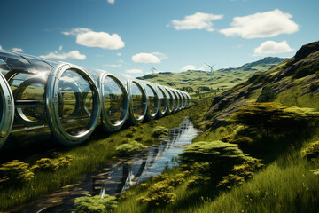 A hydrogen pipeline with wind turbines and in the background. Green hydrogen production concept.  - obrazy, fototapety, plakaty