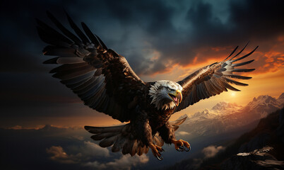 Eagle soaring in the sky with wings spread wide. 
