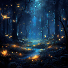 Mysterious forest illuminated by the soft glow of magical fireflies.