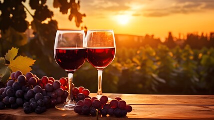 Naklejka premium Banner glasses of red wine with grape on wooden table background sunset vineyard farm