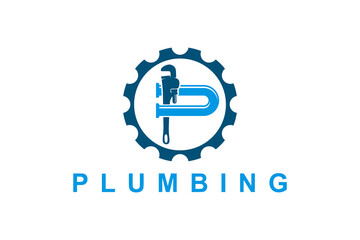 Plumbing industry logo gear spanner monkey wrench icon symbol.